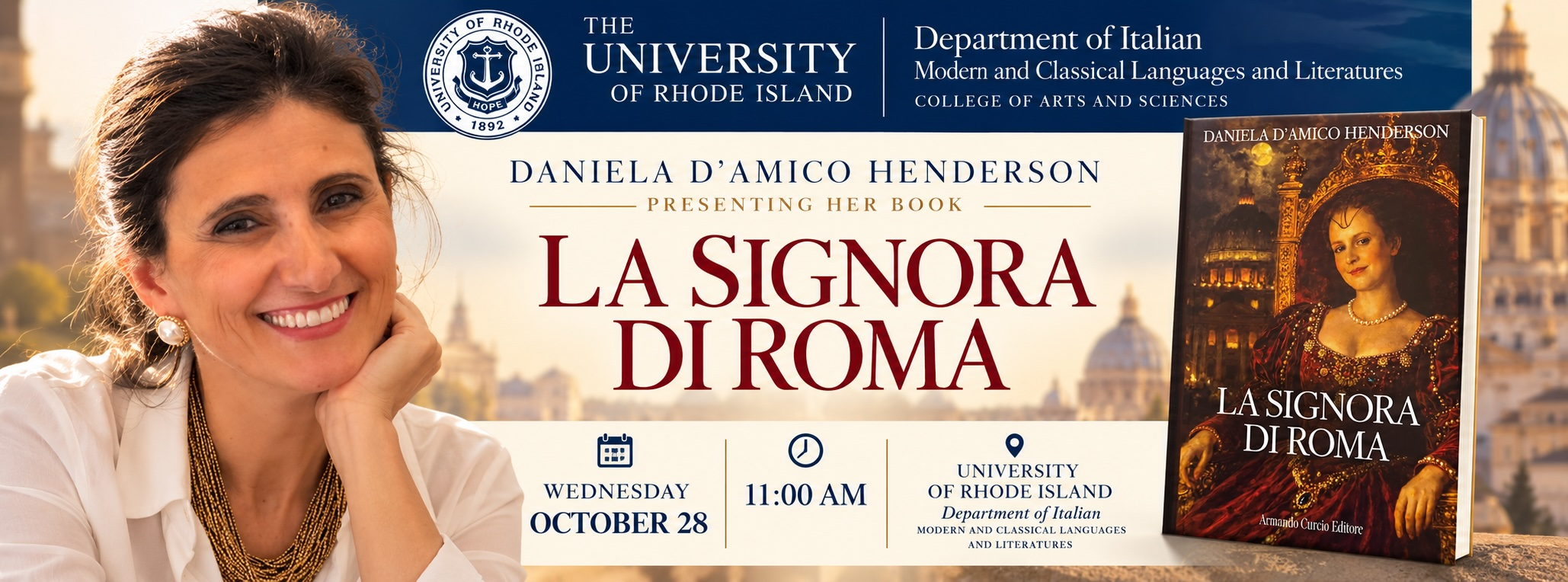 Daniela D'Amico Henderson presenta La Signora di Roma — University of Rhode Island, mercoledì 28 ottobre, ore 11:00